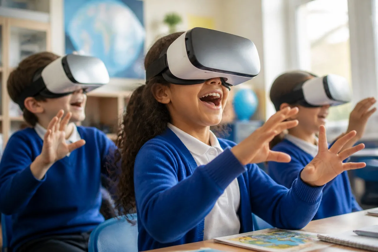 Skolēni ar VR brillēm izglītojošā IMERSI apmeklējumā